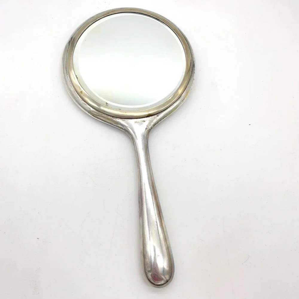 Vintage Alpaka Silver Tone‎ Hand Mirror Rose Embossed Sirkka 1955 Engraved